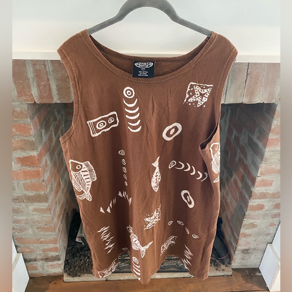 VINTAGE 1980’s Exist Sports Brown White Cotton Fishing Tank Large Outdoorsy Lake